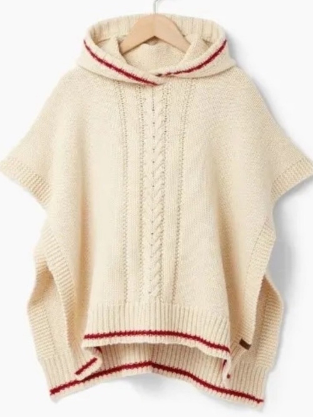 Roots Kids Cream Hooded Cable-Knit Poncho with Red Trim [L]
